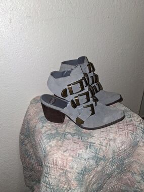 N.Y.L.A. Gray Suede Buckle Heeled Booties